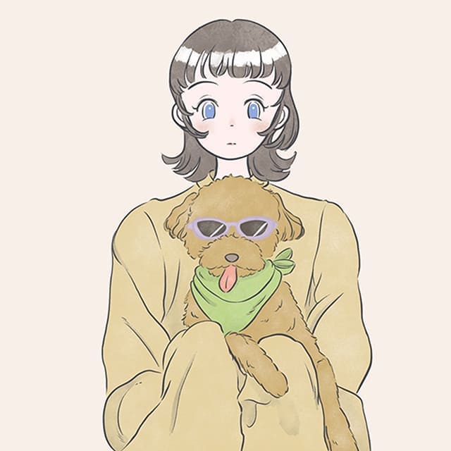 女の子の膝に犬が座っているイラスト
